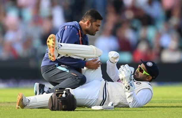 Rishabh Pant of India is treated during the 4th LV= Test Match between England and India at The Kia Oval on September 02, 2021 in London, England.