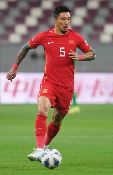 Zhang Linpeng of China on the ball during Australia v China PR - 2022 FIFA World Cup Qualifier at Khalifa International Stadium on September 02, 2021...