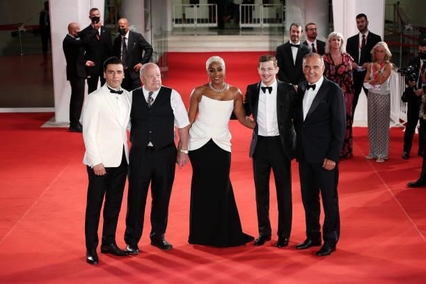 Oscar Isaac, director Paul Schrader, Tiffany Haddish, Tye Sheridan and Alberto Barbera attend the red carpet of the movie "The Card Counter