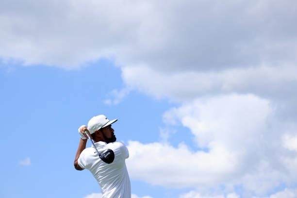 Tony Finau plays a shot on the seventh hole during the first round of the TOUR Championship at East Lake Golf Club on September 02, 2021 in Atlanta,...