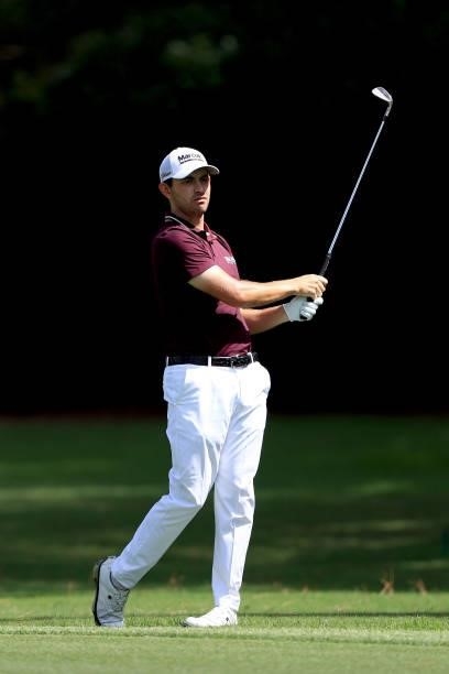 Patrick Cantlay plays a shot on the seventh hole during the first round of the TOUR Championship at East Lake Golf Club on September 02, 2021 in...