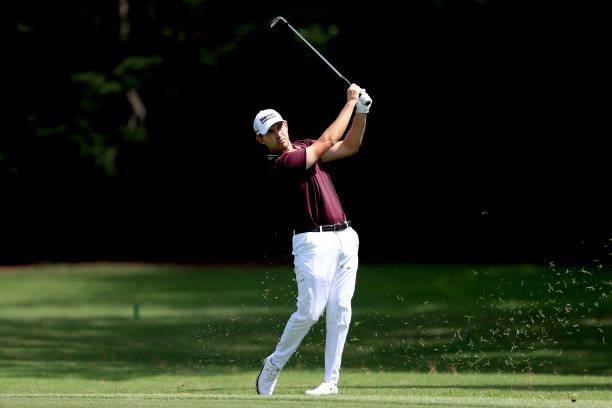 Patrick Cantlay plays a shot on the seventh hole during the first round of the TOUR Championship at East Lake Golf Club on September 02, 2021 in...