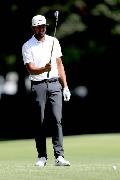 Tony Finau plays a shot on the seventh hole during the first round of the TOUR Championship at East Lake Golf Club on September 02, 2021 in Atlanta,...
