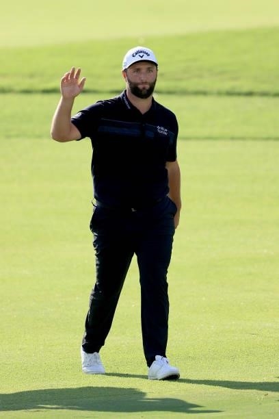 Jon Rahm of Spain acknowledges the crowd on the 18th hole during the first round of the TOUR Championship at East Lake Golf Club on September 02,...