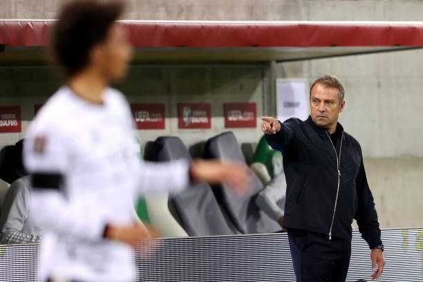 Hans Dieter-Flick, Head Coach of Germany reacts to his player Leroy Sane during the 2022 FIFA World Cup Qualifier match between Liechtenstein and...
