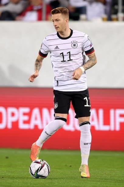 Marco Reus of Germany runs with the ball during the 2022 FIFA World Cup Qualifier match between Liechtenstein and Germany at Kybunpark on September...