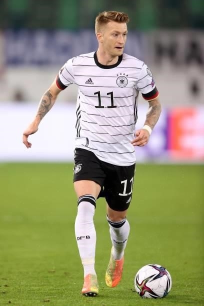 Marco Reus of Germany runs with the ball during the 2022 FIFA World Cup Qualifier match between Liechtenstein and Germany at Kybunpark on September...