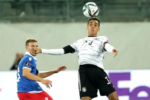 Jamal Musiala of Germany controls the ball during the 2022 FIFA World Cup Qualifier match between Liechtenstein and Germany at Kybunpark on September...