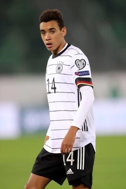 Jamal Musiala of Germany looks on during the 2022 FIFA World Cup Qualifier match between Liechtenstein and Germany at Kybunpark on September 02, 2021...