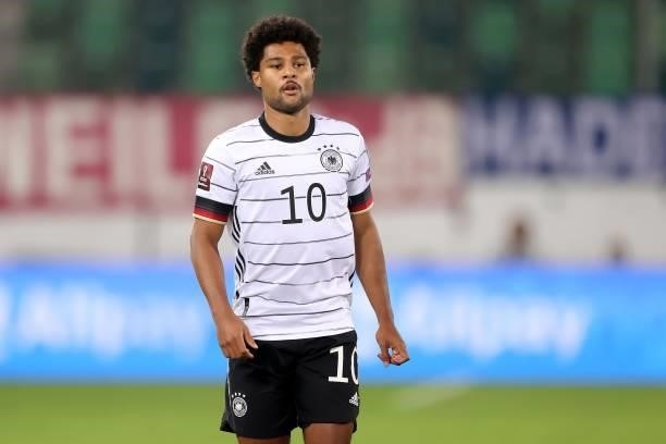 Serge Gnabry of Germany looks on during the 2022 FIFA World Cup Qualifier match between Liechtenstein and Germany at Kybunpark on September 02, 2021...