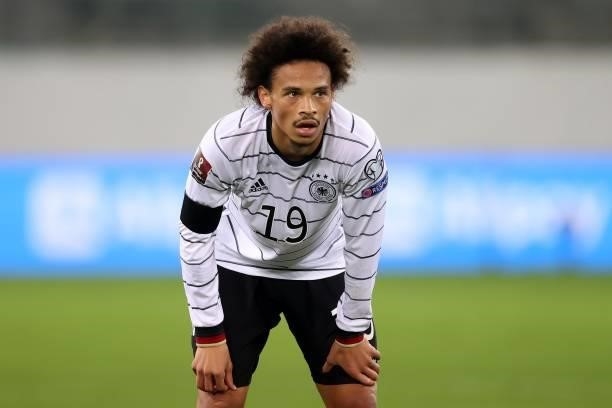 Leroy Sane of Germany looks on during the 2022 FIFA World Cup Qualifier match between Liechtenstein and Germany at Kybunpark on September 02, 2021 in...
