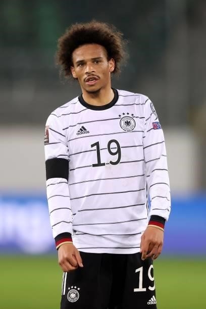 Leroy Sane of Germany looks on during the 2022 FIFA World Cup Qualifier match between Liechtenstein and Germany at Kybunpark on September 02, 2021 in...