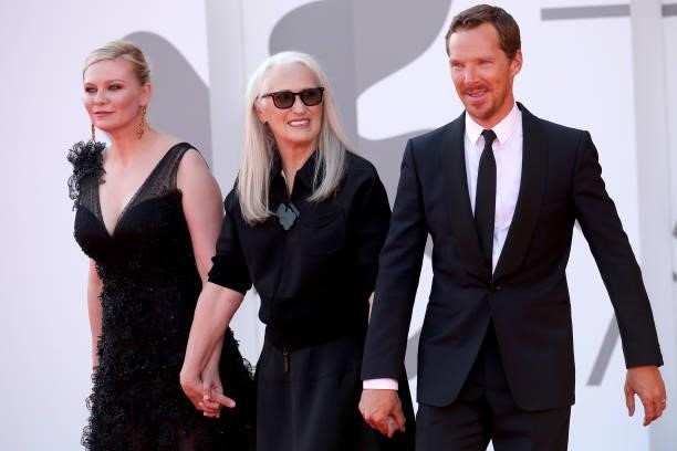 Actress Kirsten Dunst, New Zealand's director Jane Campion and British actor Benedict Cumberbatch attend the red carpet of the movie "The Card...