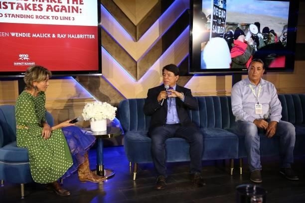 Wendie Malick, Ray Halbritter and David Archambault speak during the 2021 Environmental Media Association IMPACT Summit sponsored by Toyota, H&M...