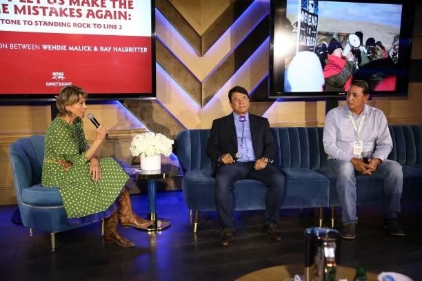 Wendie Malick, Ray Halbritter and David Archambault speak during the 2021 Environmental Media Association IMPACT Summit sponsored by Toyota, H&M...
