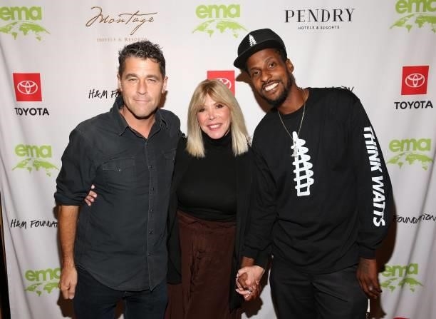Drew FitzGerald, EMA CEO Debbie Levin and Stix attend the 2021 Environmental Media Association IMPACT Summit sponsored by Toyota, H&M Foundation &...