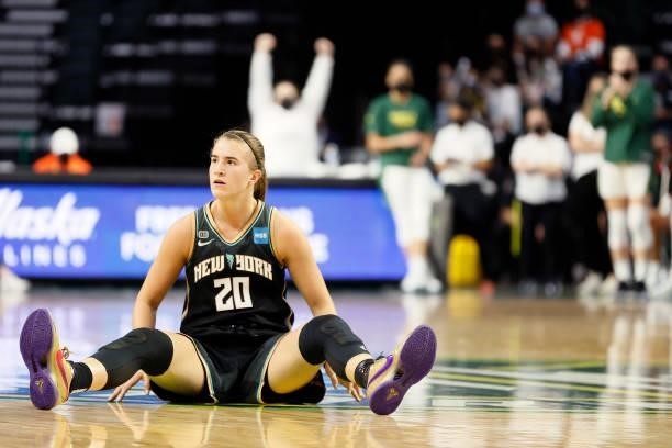 Sabrina Ionescu of the New York Liberty reacts during the third quarter against the Seattle Storm at Angel of the Winds Arena on September 02, 2021...