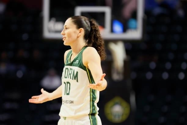 Sue Bird of the Seattle Storm reacts during the fourth quarter against the New York Liberty at Angel of the Winds Arena on September 02, 2021 in...