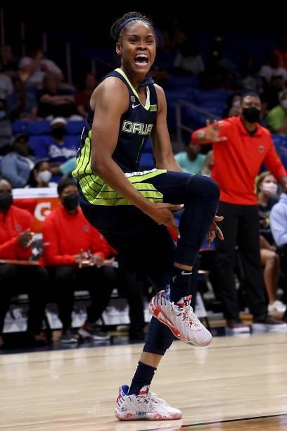 Guard Moriah Jefferson of the Dallas Wings reacts against the Atlanta Dream in the second half at College Park Center on September 02, 2021 in...