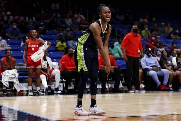 Guard Moriah Jefferson of the Dallas Wings reacts against the Atlanta Dream in the second half at College Park Center on September 02, 2021 in...