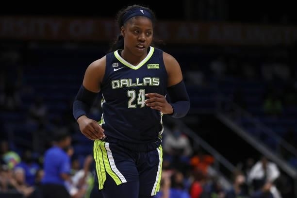 Guard Arike Ogunbowale of the Dallas Wings in action against the Atlanta Dream at College Park Center on September 02, 2021 in Arlington, Texas. NOTE...