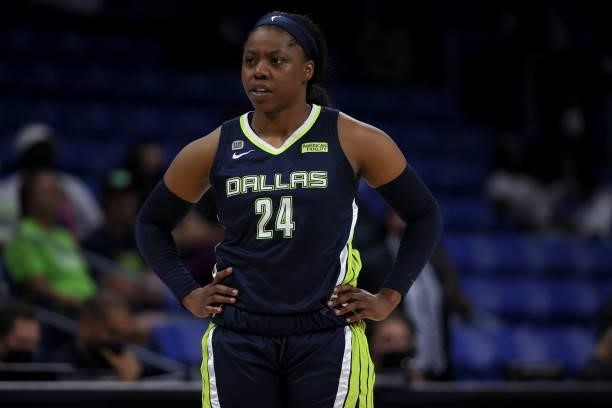 Guard Arike Ogunbowale of the Dallas Wings in action against the Atlanta Dream at College Park Center on September 02, 2021 in Arlington, Texas. NOTE...