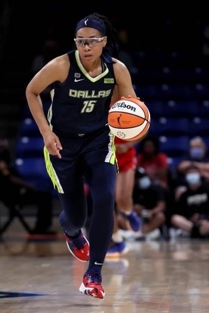 Guard Allisha Gray of the Dallas Wings in action against the Atlanta Dream in the second half at College Park Center on September 02, 2021 in...