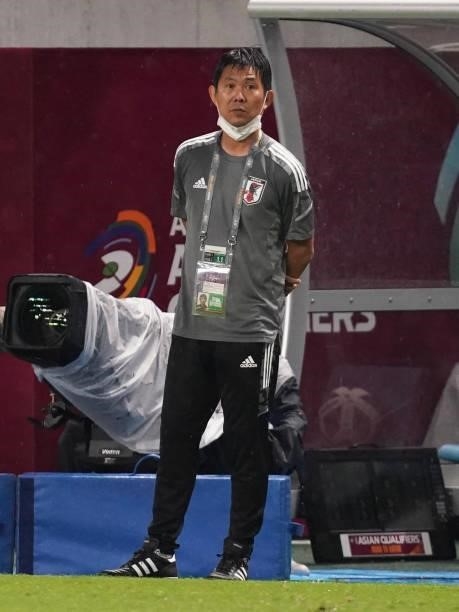 Japan head coach Hajime Moriyasu looks on during FIFA World Cup Asian Qualifier Final Round Group B match between Japan and Oman at Panasonic Stadium...