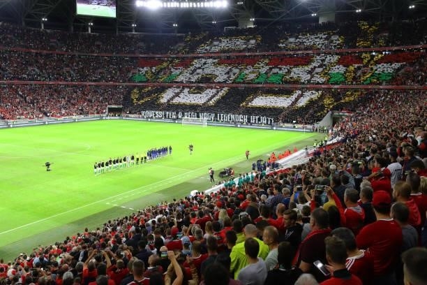 General view of the stadium during the national anthems during the 2022 FIFA World Cup Qualifiers match at Stadium Puskas Ferenc on September 2, 2021...
