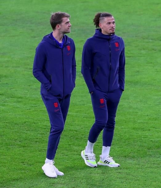 Patrick Bamford and Kalvin Phillips inspect the pitch before the 2022 FIFA World Cup Qualifiers match between Hungary and England at Stadium Puskas...