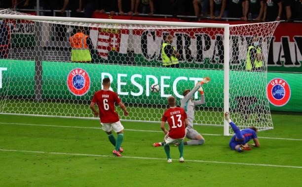 Harry Kane scores Englands second goal during the 2022 FIFA World Cup Qualifiers match at Stadium Puskas Ferenc on September 2, 2021 in Budapest,...