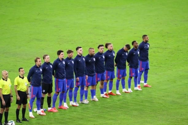 England players stand for the national anthem during the 2022 FIFA World Cup Qualifiers at Stadium Puskas Ferenc on September 2, 2021 in Budapest,...