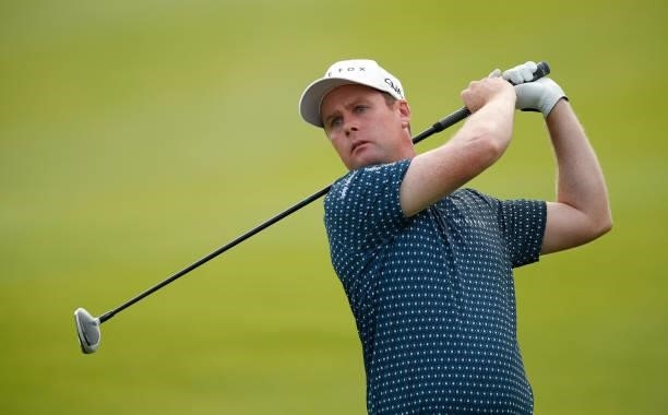Jonathan Caldwell of Northern Ireland plays his second shot on the 18th hole during Day Two of The Italian Open at Marco Simone Golf Club on...
