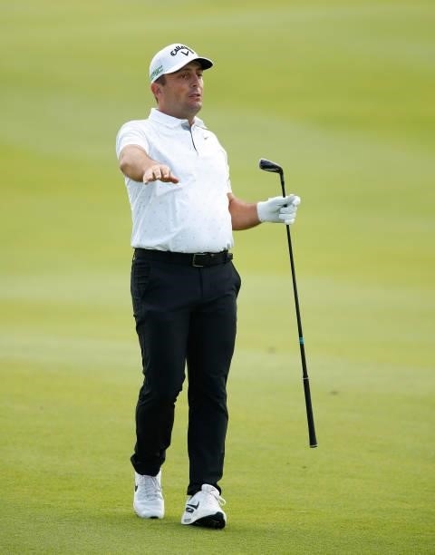 Francesco Molinari of Italy plays his second shot on the 18th hole during Day Two of The Italian Open at Marco Simone Golf Club on September 03, 2021...
