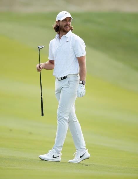 Tommy Fleetwood of England plays his second shot on the 18th hole during Day Two of The Italian Open at Marco Simone Golf Club on September 03, 2021...