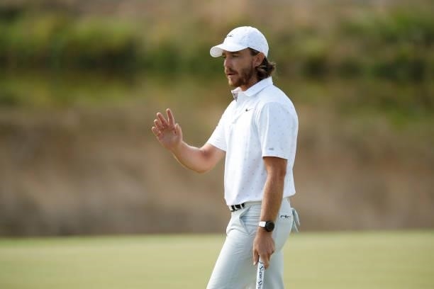Tommy Fleetwood of England acknowledges the crowd after his birdie on the 18th hole during Day Two of The Italian Open at Marco Simone Golf Club on...