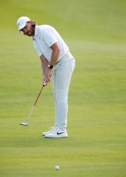 Tommy Fleetwood of England putts on the 18th hole during Day Two of The Italian Open at Marco Simone Golf Club on September 03, 2021 in Rome, Italy.