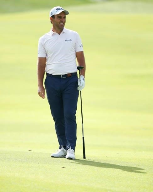 Edoardo Molinari of Italy plays his second shot on the 18th hole during Day Two of The Italian Open at Marco Simone Golf Club on September 03, 2021...