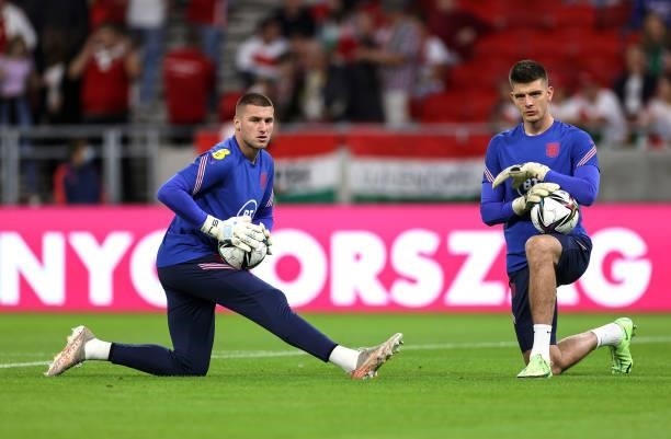 Sam Johnstone and Nick Pope of England warm up prior to the 2022 FIFA World Cup Qualifier match between Hungary and England at Stadium Puskas Ferenc...