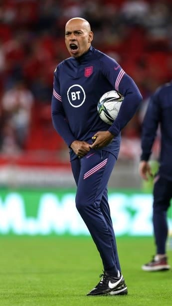 England coach Paul Nevin gives instructions during the warm up prior to the 2022 FIFA World Cup Qualifier match between Hungary and England at...