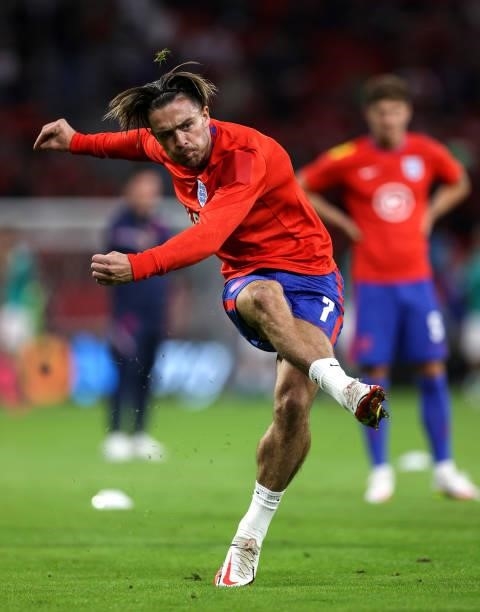 Jack Grealish of England warms up prior to the 2022 FIFA World Cup Qualifier match between Hungary and England at Stadium Puskas Ferenc on September...