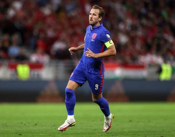 Harry Kane of England looks on during the 2022 FIFA World Cup Qualifier match between Hungary and England at Stadium Puskas Ferenc on September 02,...
