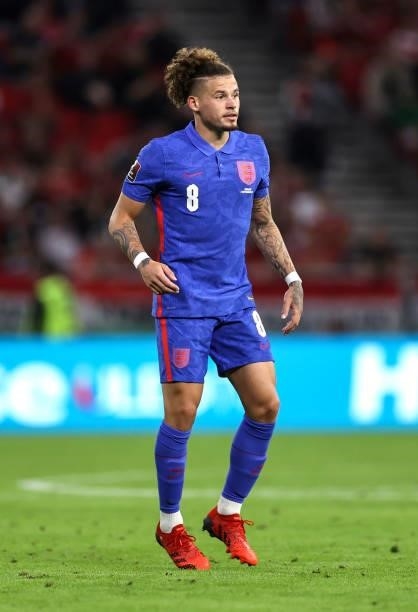 Kalvin Phillips of England looks on during the 2022 FIFA World Cup Qualifier match between Hungary and England at Stadium Puskas Ferenc on September...