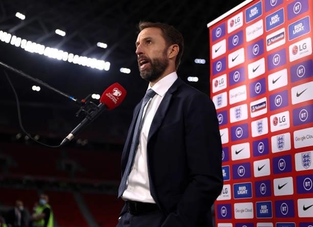 Gareth Southgate, Head Coach of England talks to the media following the 2022 FIFA World Cup Qualifier match between Hungary and England at Stadium...