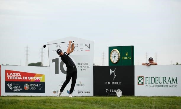 Rasmus Højgaard of Denmark tees off on the 10th hole during Day Two of The Italian Open at Marco Simone Golf Club on September 03, 2021 in Rome,...