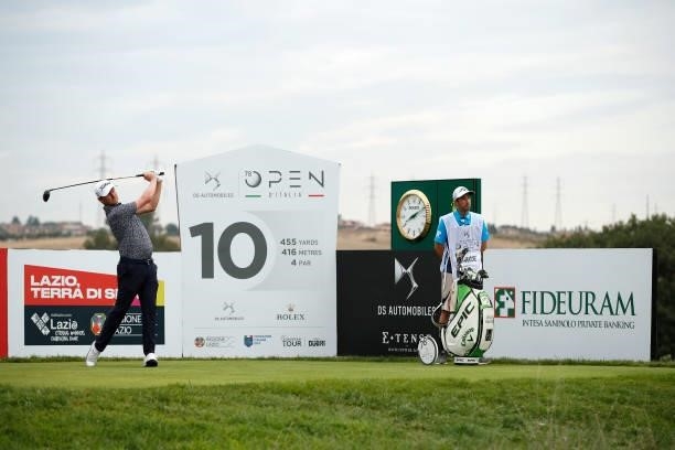 Justin Harding of South Africa tees off on the 10th hole during Day Two of The Italian Open at Marco Simone Golf Club on September 03, 2021 in Rome,...