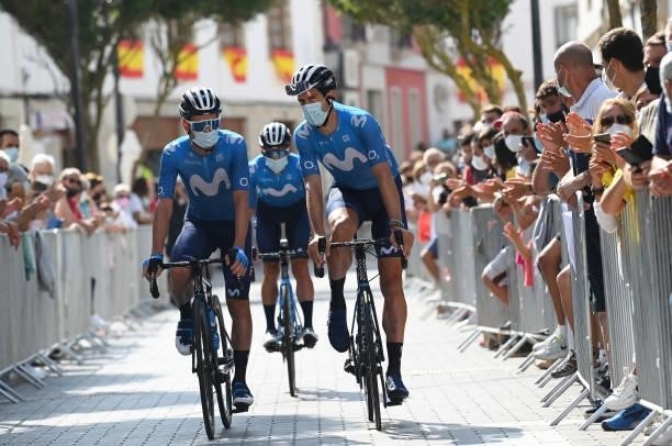 Jose Joaquin Rojas Gil of Spain and Imanol Erviti of Spain and Movistar Team prepare for the race prior to the 76th Tour of Spain 2021, Stage 19 a...