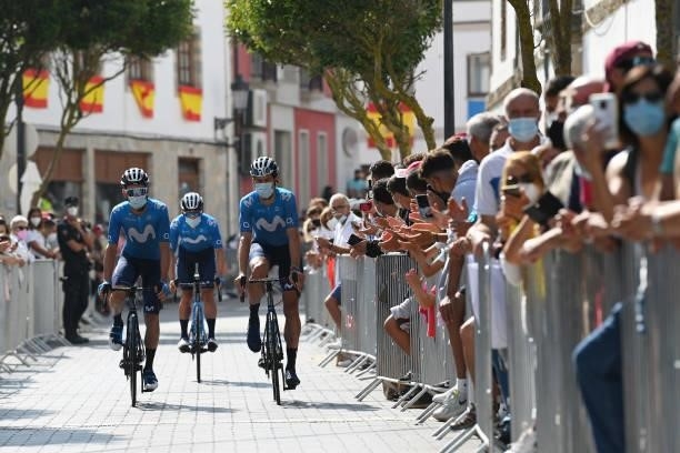 Jose Joaquin Rojas Gil of Spain and Imanol Erviti of Spain and Movistar Team prepare for the race prior to the 76th Tour of Spain 2021, Stage 19 a...