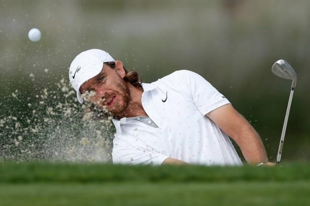 Tommy Fleetwood of England plays a bunker shot on the ninth hole during Day Two of The Italian Open at Marco Simone Golf Club on September 03, 2021...