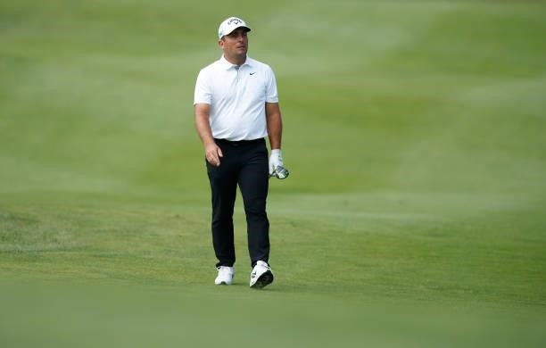 Francesco Molinari of Italy plays his second shot on the ninth hole during Day Two of The Italian Open at Marco Simone Golf Club on September 03,...